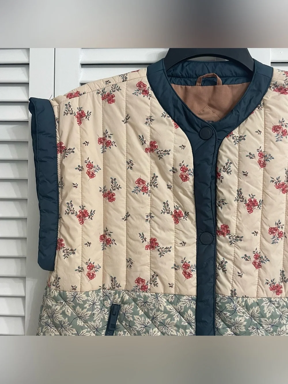 Zara Cream Floral Quilted Vest with Blue Trim